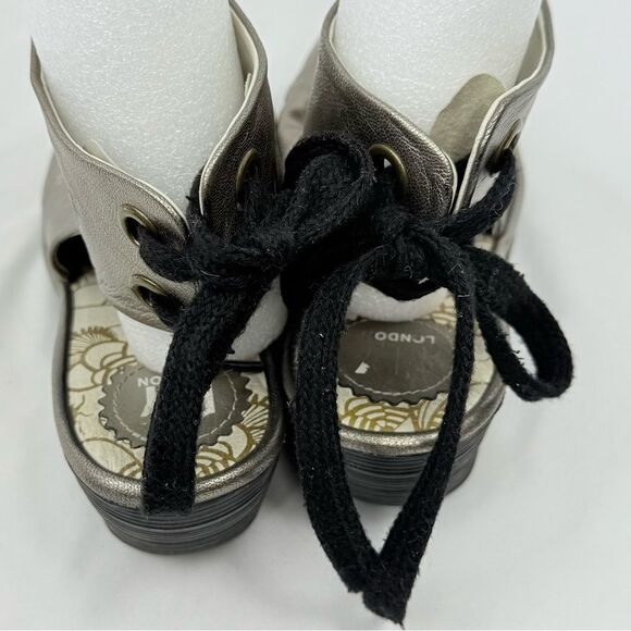 Fly London Yama Gold Metallic Ruched Leather Slingback Lace Up Chunky Wedges - Picture 9 of 12